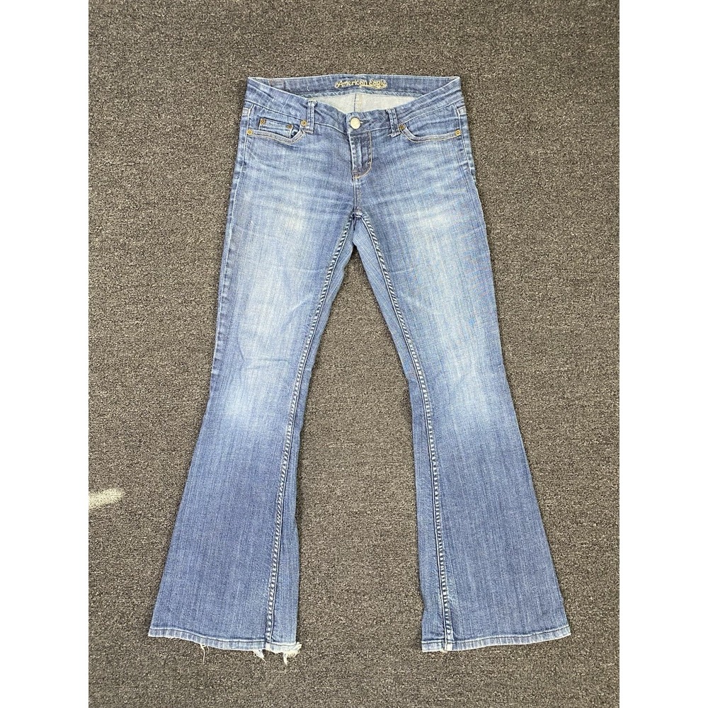 American Eagle Low Rise Flare Blue Jeans Womens 4 Regular Stretch Denim Distress